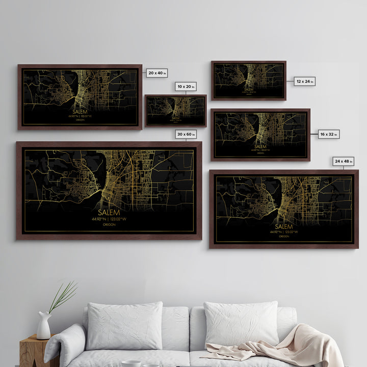 Salem Oregon City Poster, Metallic Gold Art, Metal Art, real wood frames, black and gold, Street Map Wall Art, Gold Street Map Art