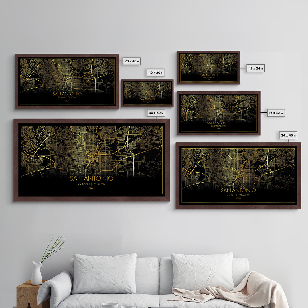 San Antonio Texas City Poster, Metallic Gold Art, Metal Art, real wood frames, black and gold, Street Map Wall Art, College Dorm Décor