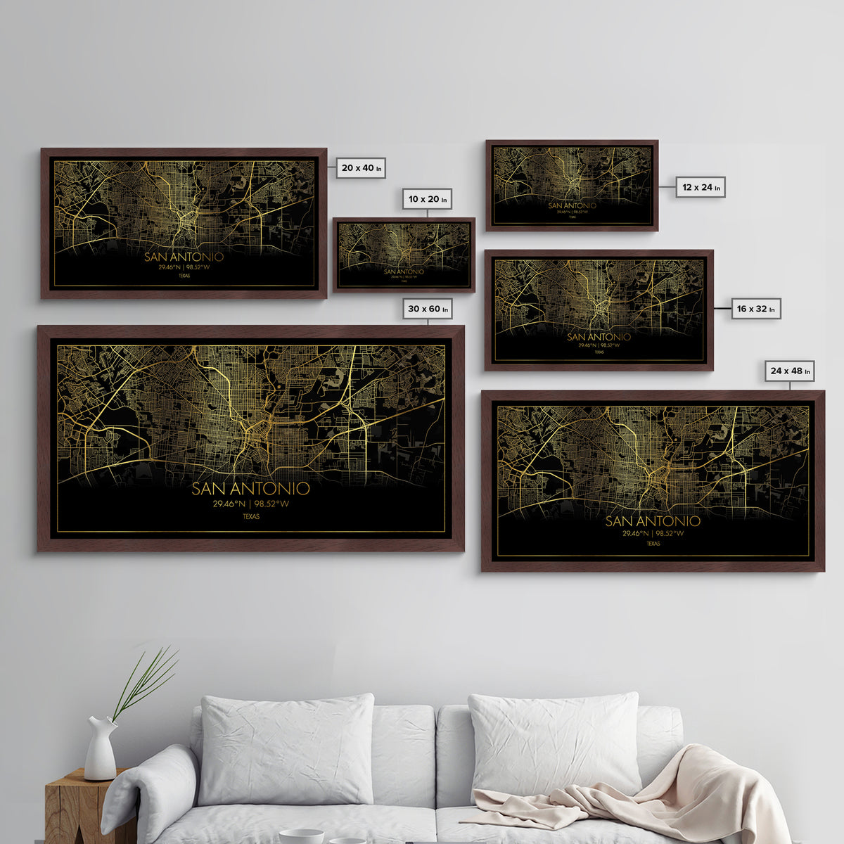 San Antonio Texas City Poster, Metallic Gold Art, Metal Art, real wood frames, black and gold, Street Map Wall Art, College Dorm Décor