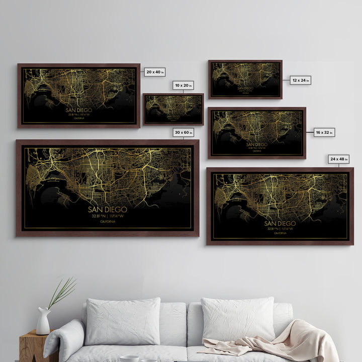 San Diego California City Poster, Metallic Gold Art, Metal Art, real wood frames, black and gold, Street Map Wall Art, Minimalist Wall Art