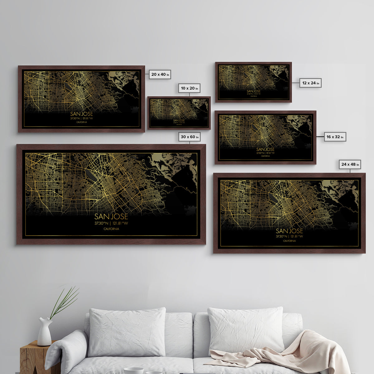 San Jose California City Poster, Metallic Gold Art, Metal Art, real wood frames, black and gold, Street Map Wall Art, Housewarming Gift
