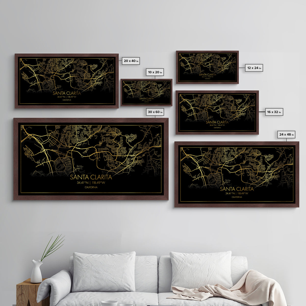 Santa Clarita California City Poster, Metallic Gold Art, Metal Art, real wood frames, black and gold, Street Map Wall Art, Real Wood Frames