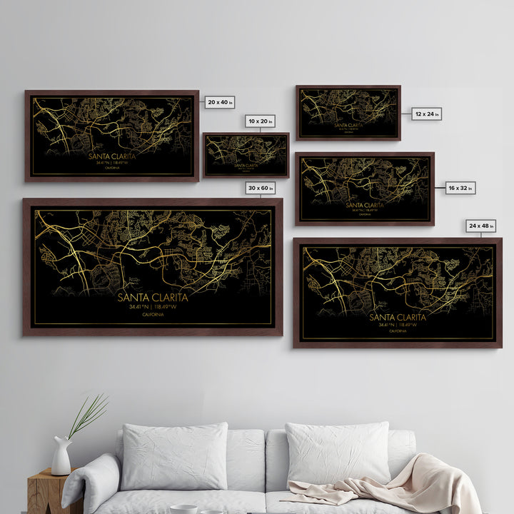 Santa Clarita California City Poster, Metallic Gold Art, Metal Art, real wood frames, black and gold, Street Map Wall Art, Real Wood Frames
