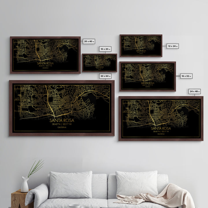 Santa Rosa California City street map, Metallic Gold Print, Metal Art, wood framed map, black and gold, Street Map Art, Minimalist Wall Art