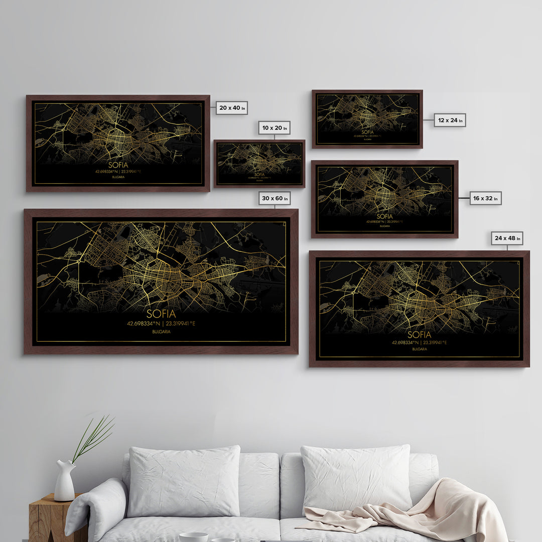Sofia Bulgaria City Poster, Metallic Gold Art, Metal Art, real wood frames, black and gold, Street Map Wall Art, Modern Wall Art