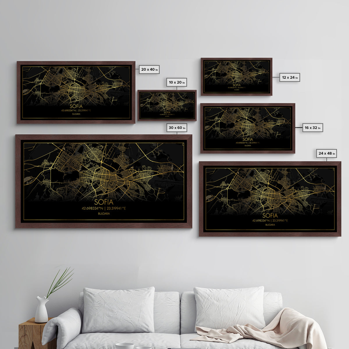 Sofia Bulgaria City Poster, Metallic Gold Art, Metal Art, real wood frames, black and gold, Street Map Wall Art, Modern Wall Art