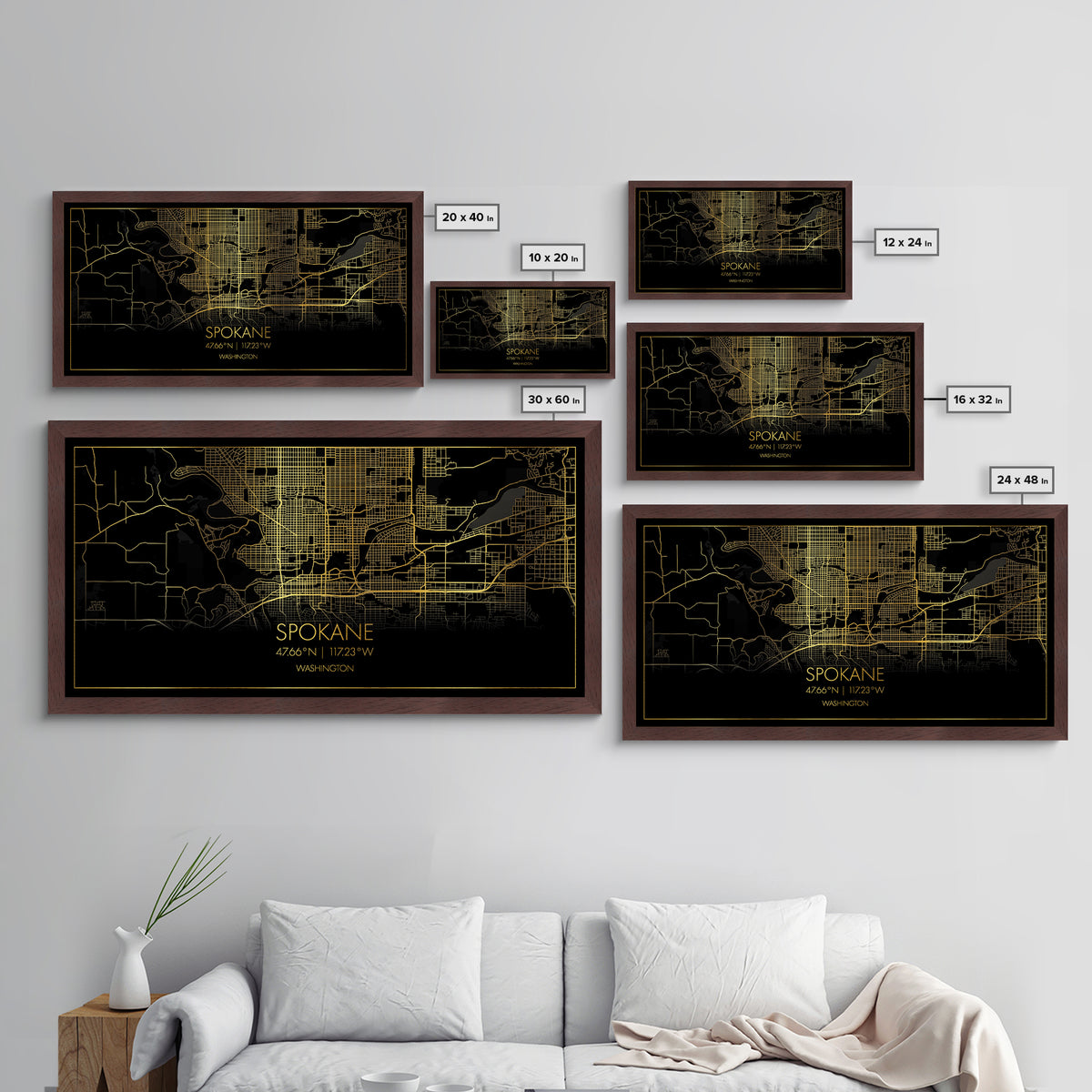 Spokane Washington City street map, Metallic Gold Print, Metal Art, wood framed map, black and gold, Street Map Art, Modern Wall Art