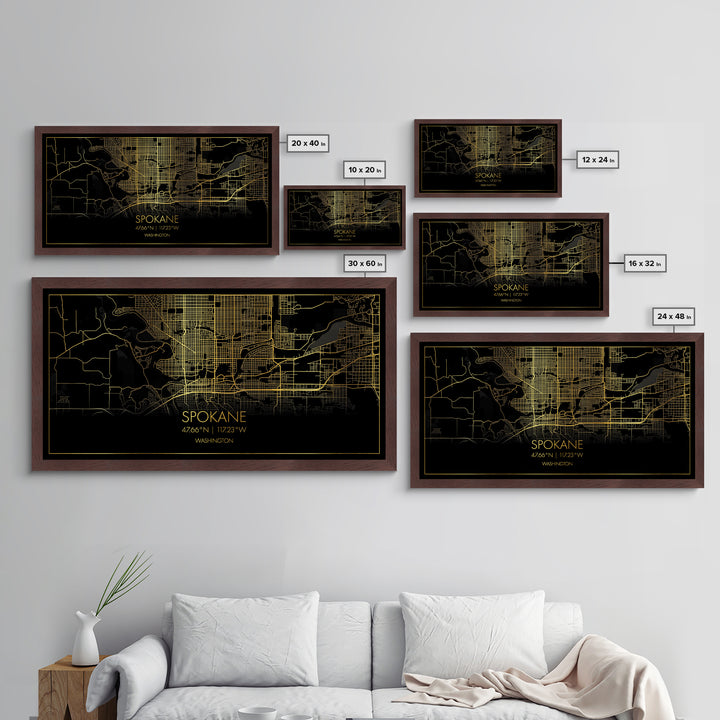Spokane Washington City street map, Metallic Gold Print, Metal Art, wood framed map, black and gold, Street Map Art, Modern Wall Art