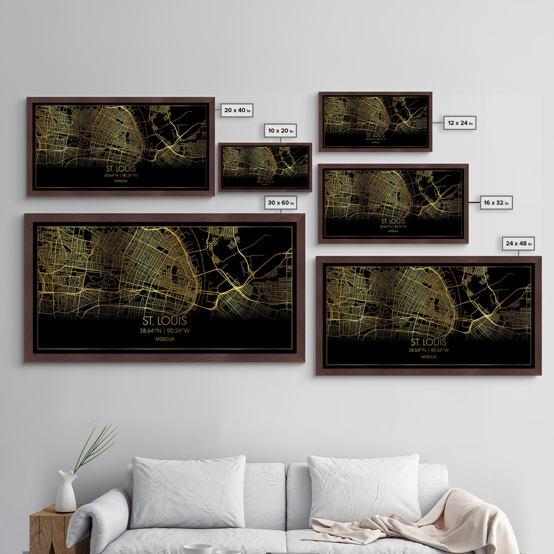 St. Louis Missouri City street map, Metallic Gold Print, Metal Art, wood framed map, black and gold, Street Map Art, Gold Street Map Art