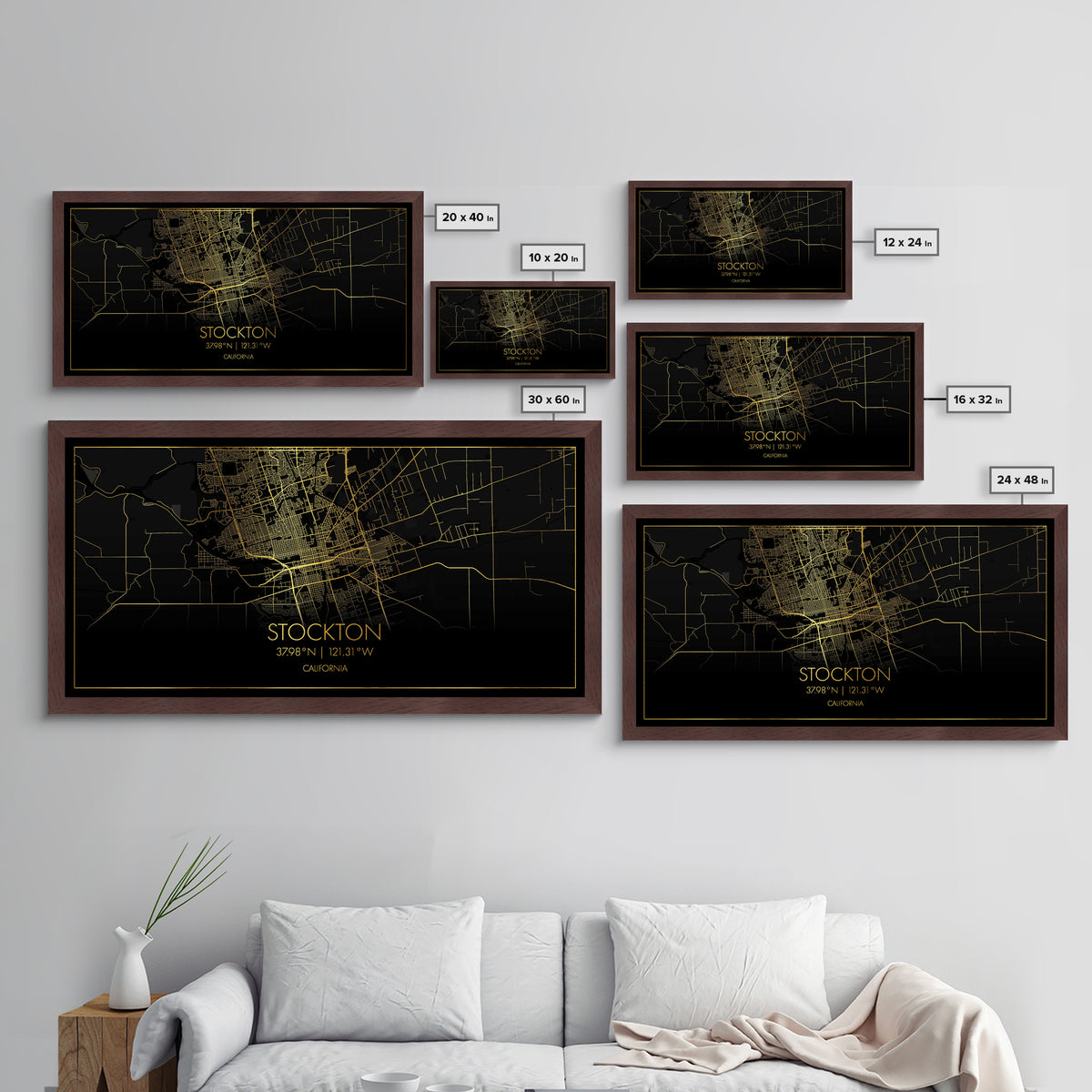 Stockton California City street map, Metallic Gold Print, Metal Art, wood framed map, black and gold, Street Map Art, Modern Wall Art