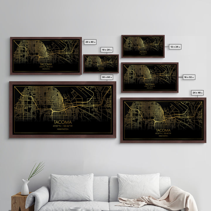 Tacoma Washington City Poster, Metallic Gold Art, Metal Art, real wood frames, black and gold, Street Map Wall Art, College Dorm Décor