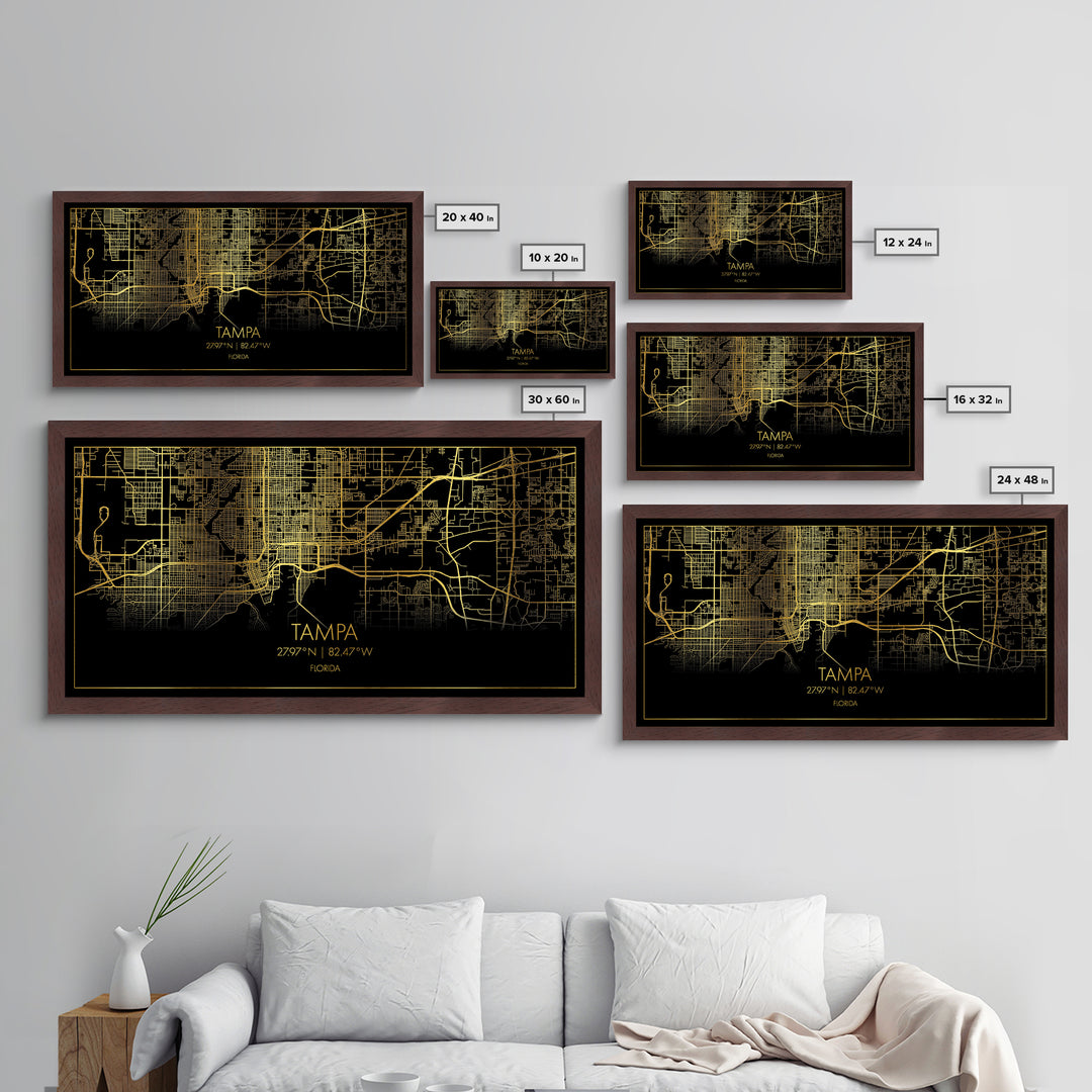 Tampa Florida City Poster, Metallic Gold Art, Metal Art, real wood frames, black and gold, Street Map Wall Art, Real Wood Frames