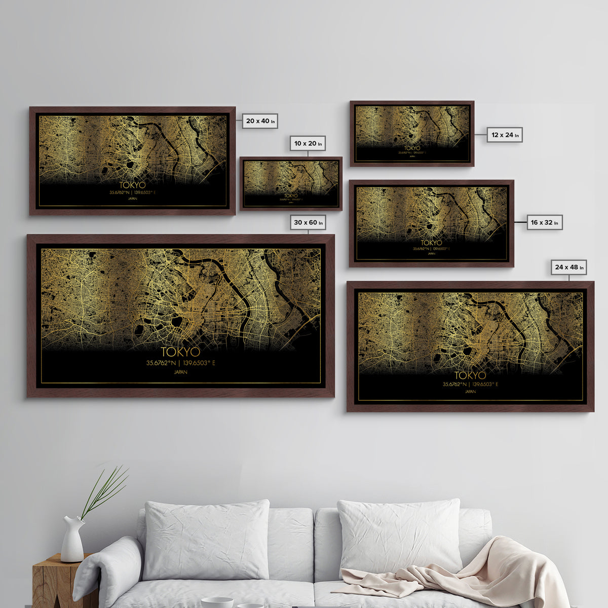 Tokyo Japan City Poster, Metallic Gold Art, Metal Art, real wood frames, black and gold, Street Map Wall Art, Minimalist Wall Art