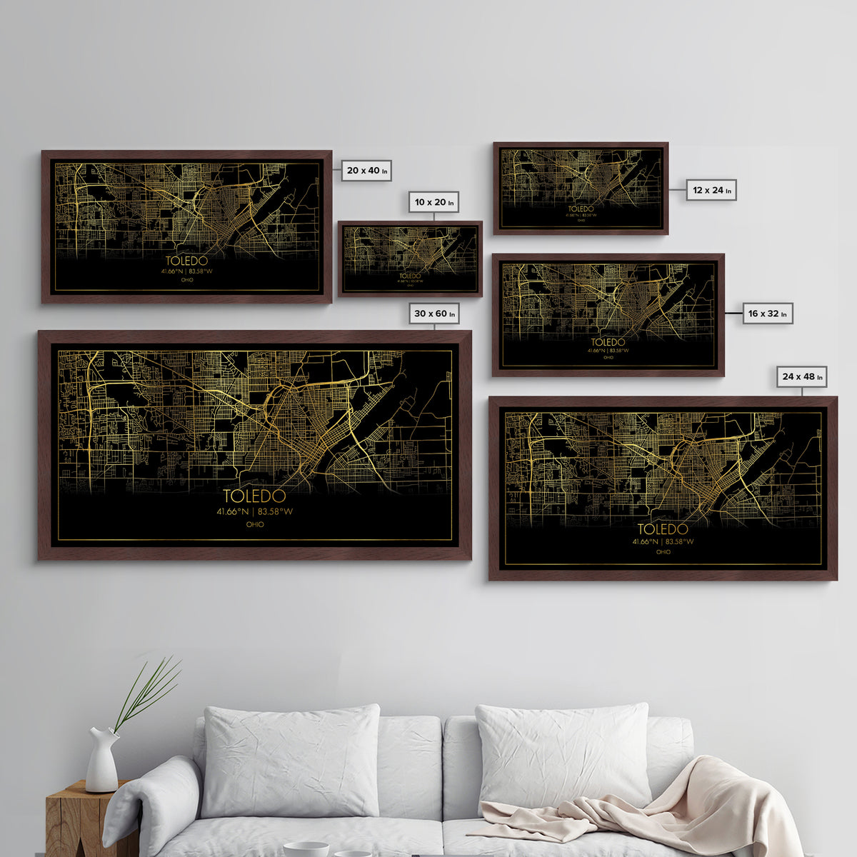 Toledo Ohio City street map, Metallic Gold Print, Metal Art, wood framed map, black and gold, Street Map Art, Gold Street Map Art