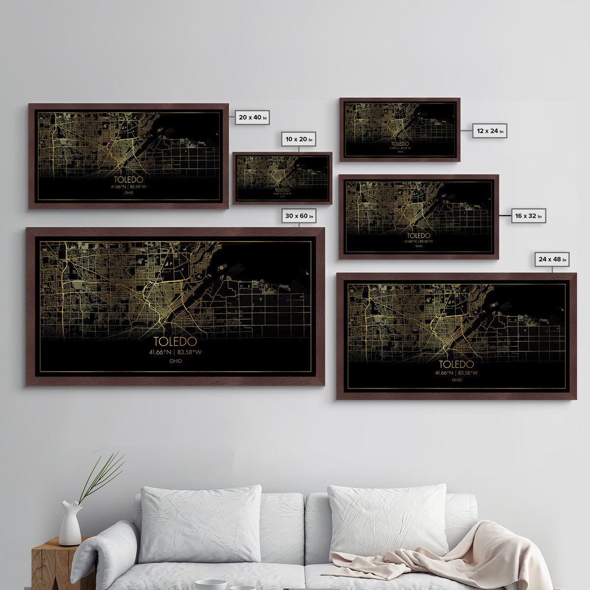Toledo Ohio City Poster, Metallic Gold Art, Metal Art, real wood frames, black and gold, Street Map Wall Art, Real Wood Frames