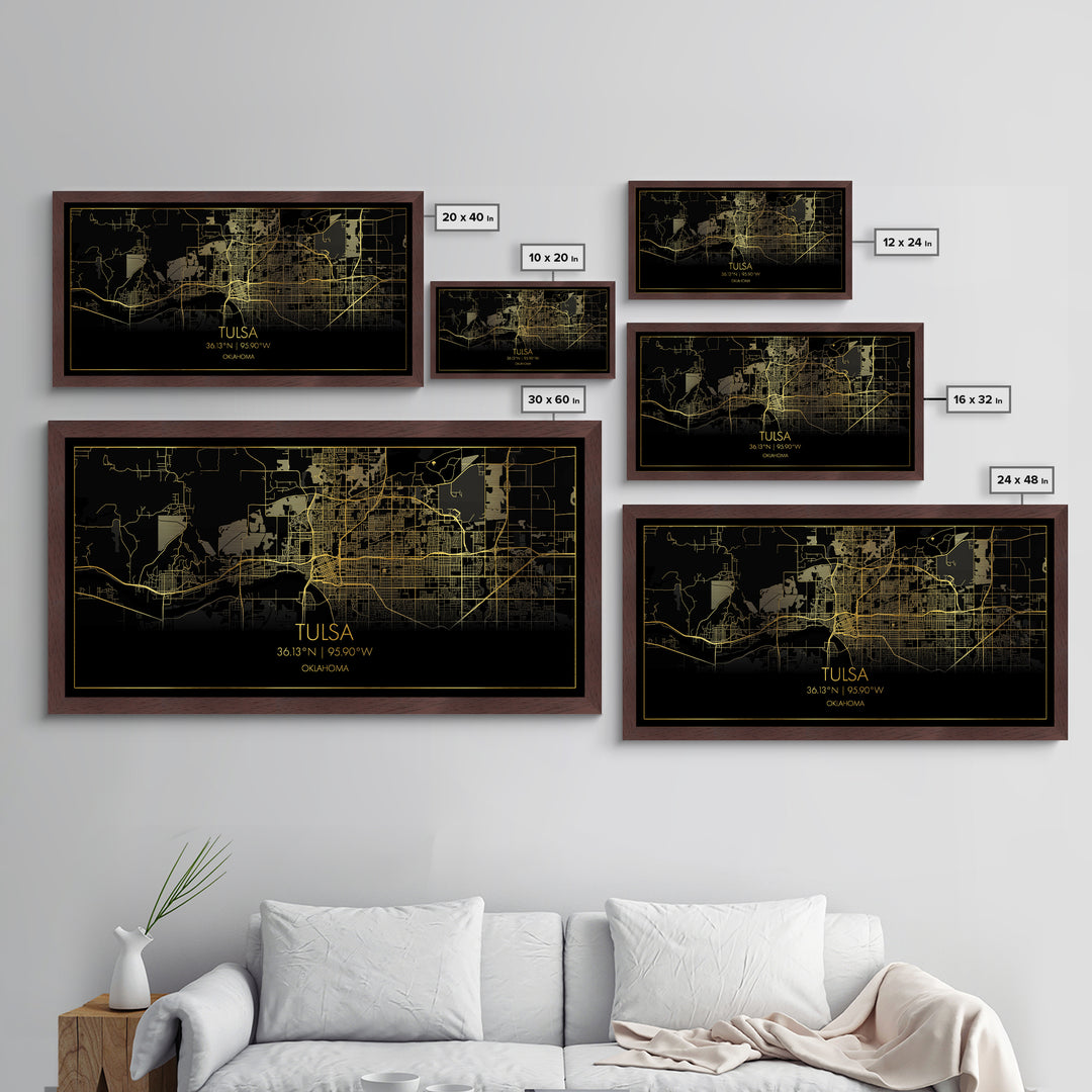 Tulsa Oklahoma City Poster, Metallic Gold Art, Metal Art, real wood frames, black and gold, Street Map Wall Art, Modern Wall Art