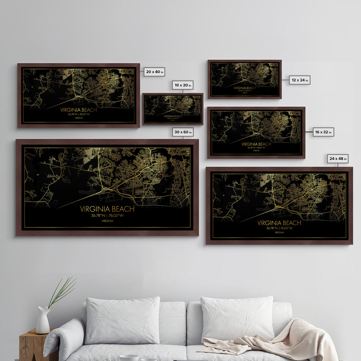 Virginia Beach Virginia City Poster, Metallic Gold Art, Metal Art, real wood frames, black and gold, Street Map Wall Art, Best Friend Gifts