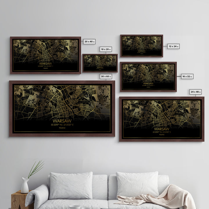 Warsaw Poland City street map, Metallic Gold Print, Metal Art, wood framed map, black and gold, Street Map Art, Real Wood Frames
