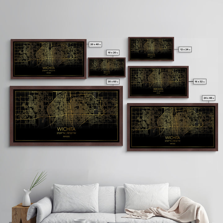 Wichita Kansas City street map, Metallic Gold Print, Metal Art, wood framed map, black and gold, Street Map Art, Minimalist Wall Art