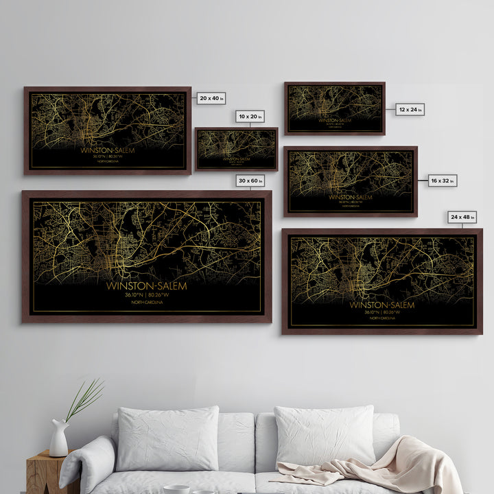 Winston Salem North Carolina City Poster, Metallic Gold Art, Metal Art, real wood frames, black and gold, Street Map Wall Art, Housewarming Gift