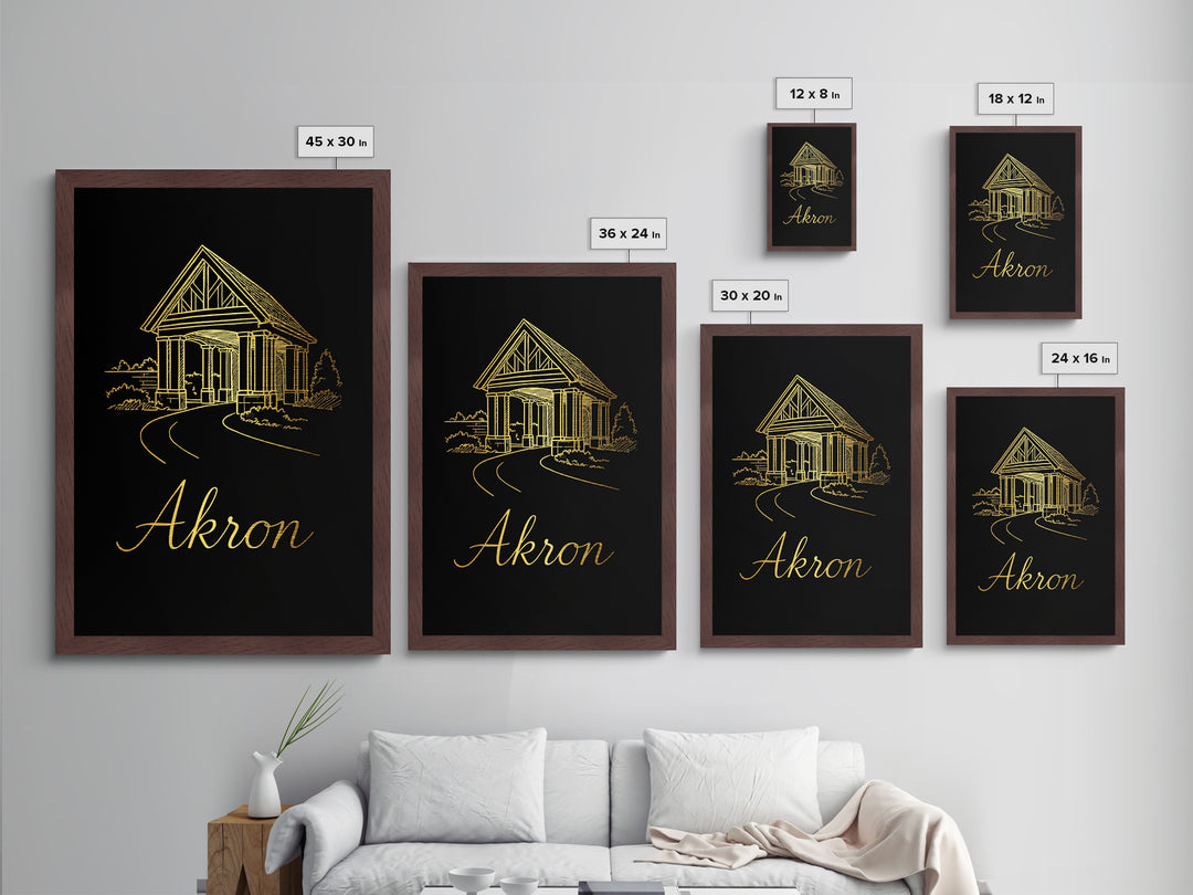 Akron Ohio Art, Metallic Gold Print, Wood Framed Art, Metal Art, Office Decor, Traveler Gift, College Dorm Décor