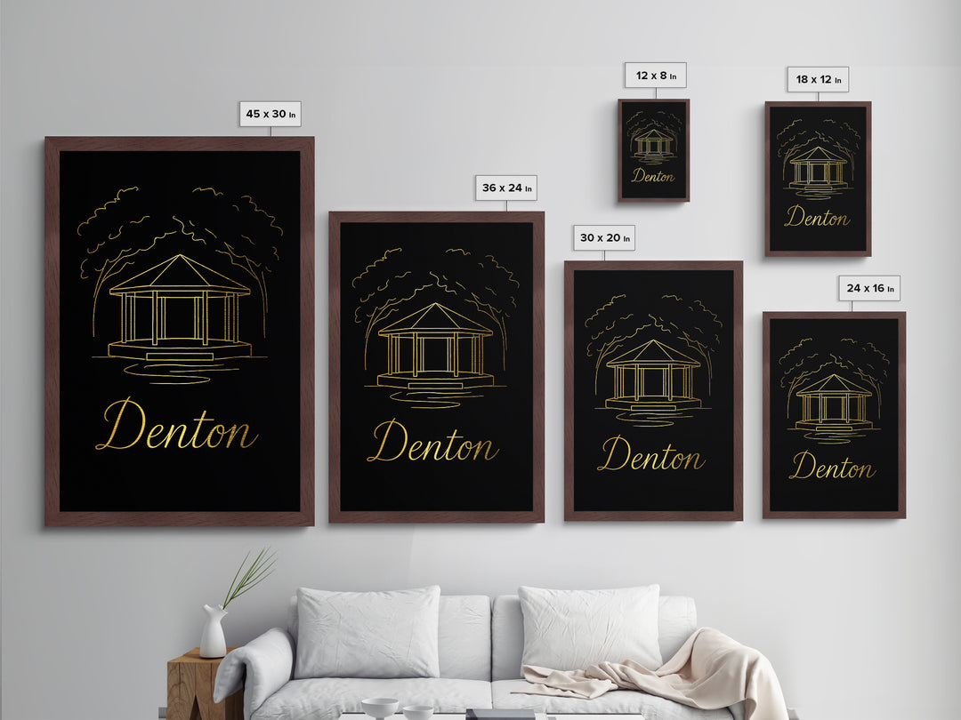 Denton Texas Travel, Metallic Gold Art, Wood Framed Art, Metal Art, Modern Skyline Wall Print, Traveler Gift, Hallway Wall Art