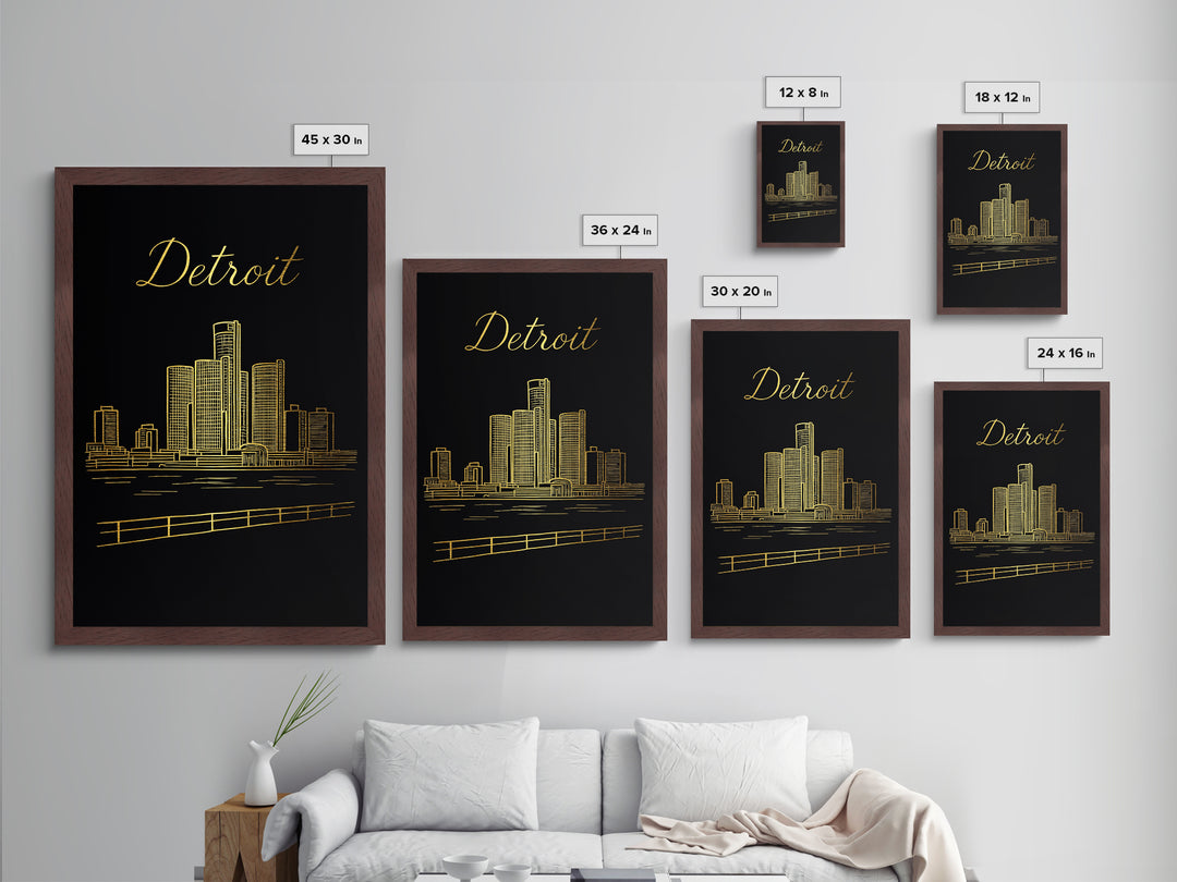 Detroit Michigan Travel, Metallic Gold Art, Wood Framed Art, Metal Art, Modern Skyline Wall Print, Wanderlust Gift, Bedroom Art