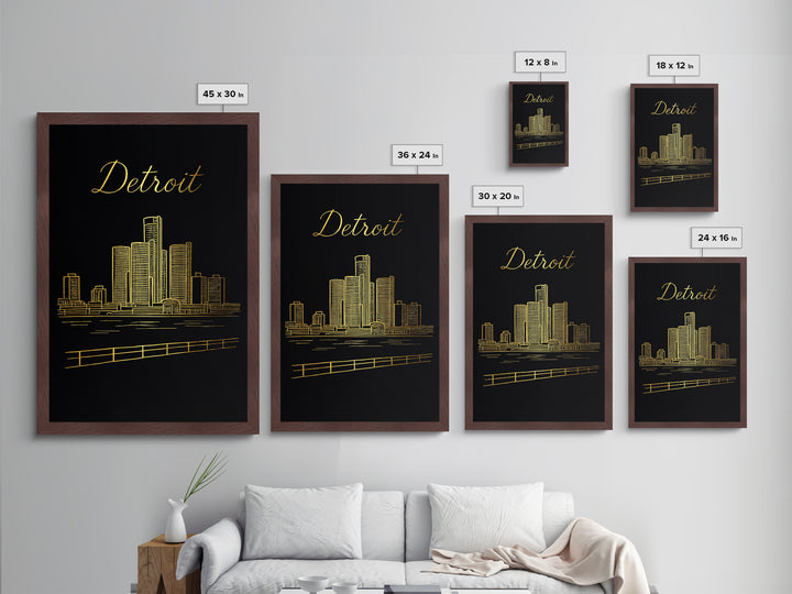 Detroit Michigan Travel, Metallic Gold Art, Wood Framed Art, Metal Art, Modern Skyline Wall Print, Wanderlust Gift, Bedroom Art