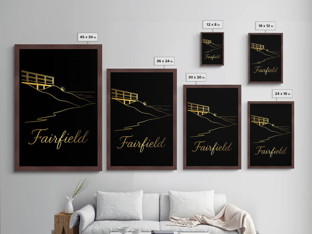 Fairfield Ohio Travel, Metallic Gold Art, Wood Framed Art, Metal Art, Modern Skyline Wall Print, Wanderlust Gift, Living Room Art