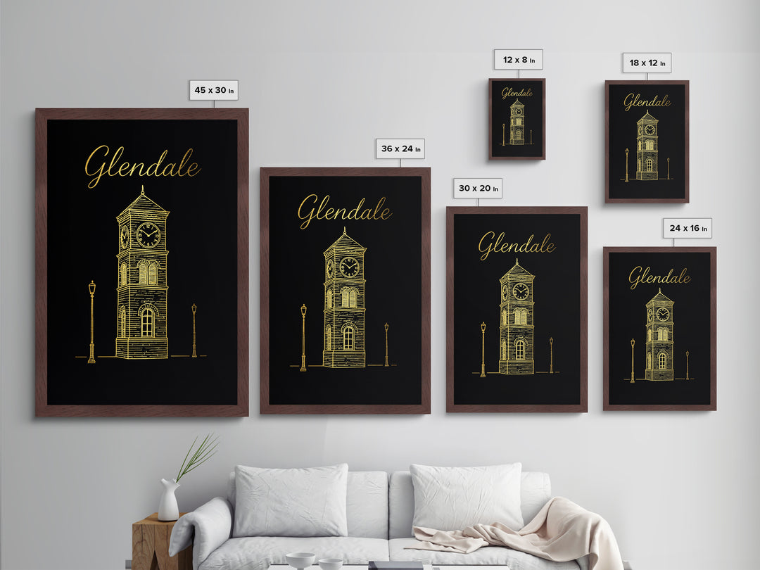 Glendale California Art, Metallic Gold Print, Wood Framed Art, Metal Art, Modern Skyline Wall Print, Traveler Gift, Bedroom Art