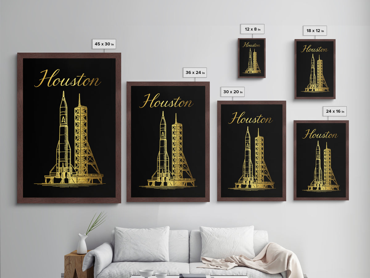 Houston Texas Art, Metallic Gold Print, Wood Framed Art, Metal Art, Modern Wall Art, Adventure Lover Gift, Entryway Wall Print