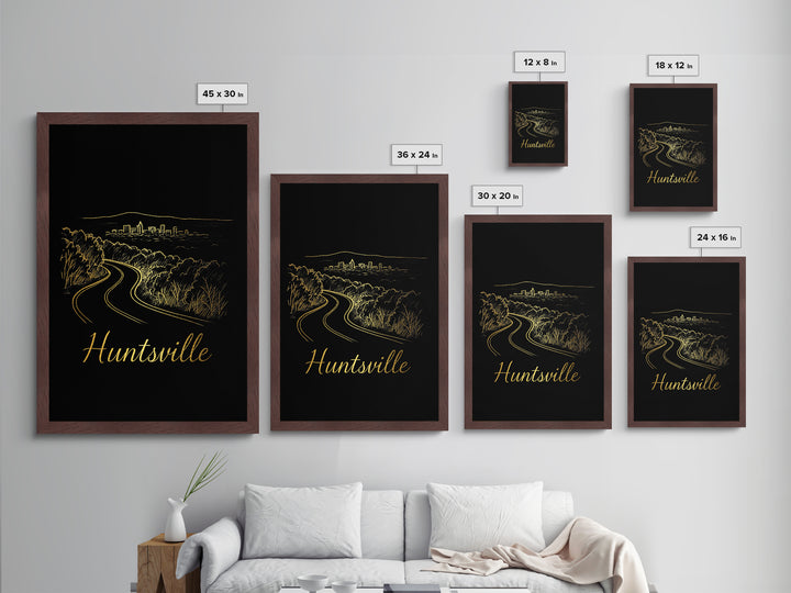 Huntsville Alabama Travel, Metallic Gold Art, Wood Framed Art, Metal Art, Modern Skyline Wall Print, Anniversary Gift, Living Room Art