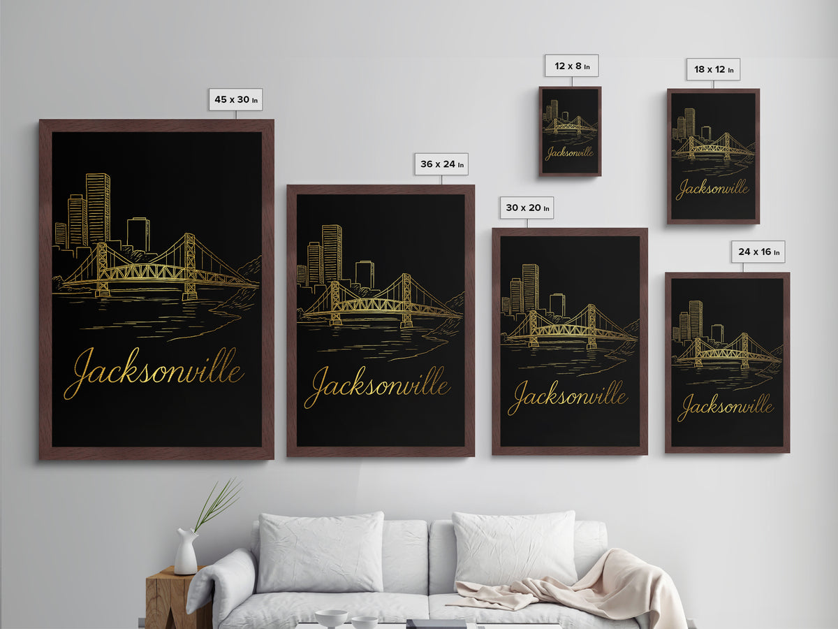 Jacksonville Florida Travel, Metallic Gold Print, Wood Framed Art, Metal Art, Modern Wall Art, Traveler Gift, Hallway Wall Art