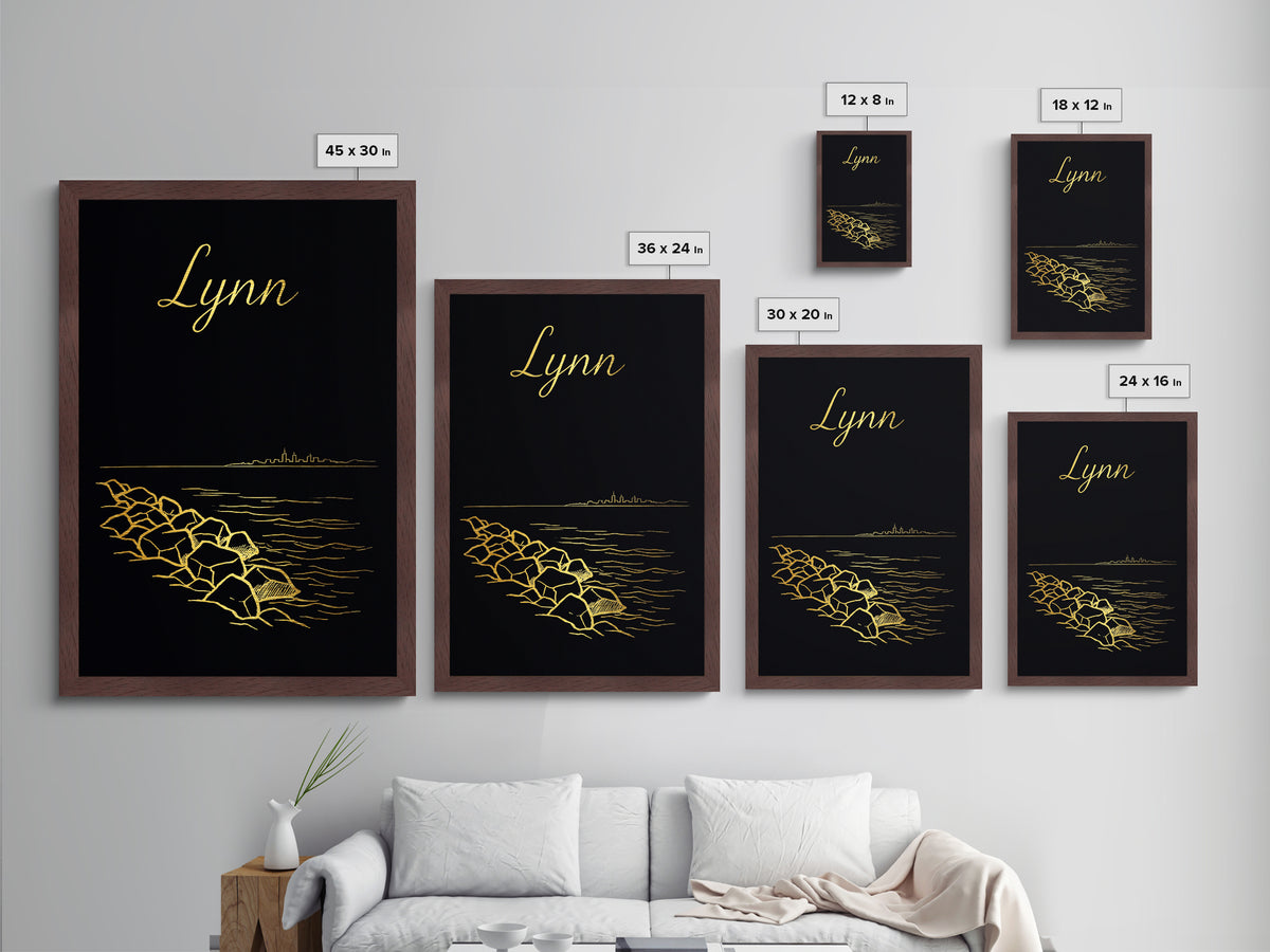 Lynn Massachusetts Art, Metallic Gold Art, Wood Framed Art, Metal Art, Traveler Gift, Entryway Wall Print, Living Room Art