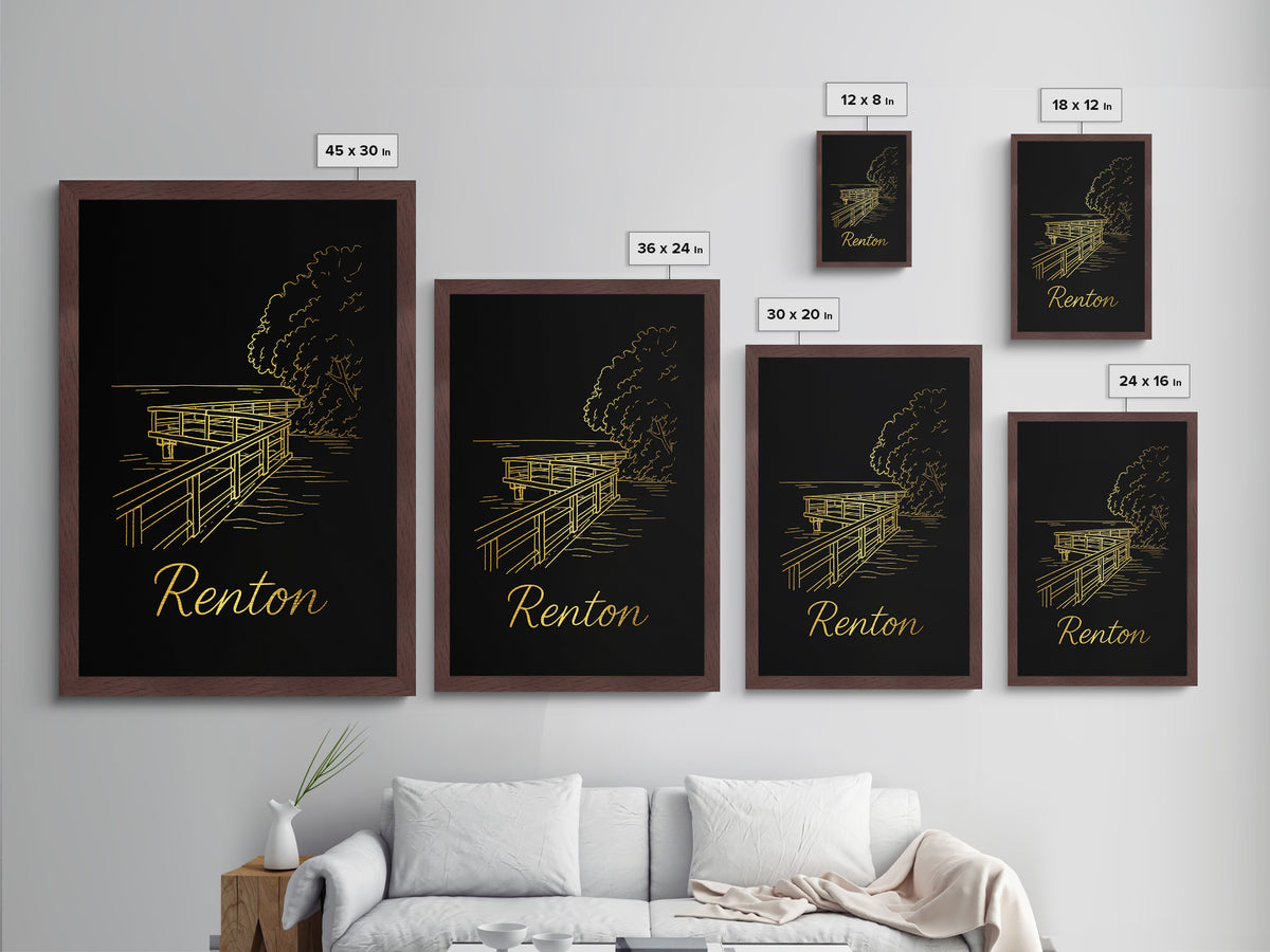 Renton Washington Travel, Metallic Gold Print, Wood Framed Art, Metal Art, Minimalist Wall Art, Destination Gift, Office Decor