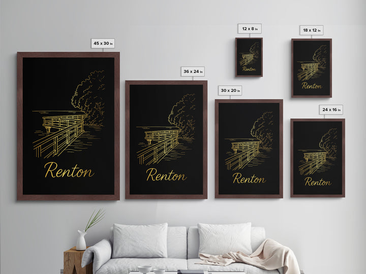 Renton Washington Travel, Metallic Gold Print, Wood Framed Art, Metal Art, Minimalist Wall Art, Destination Gift, Office Decor
