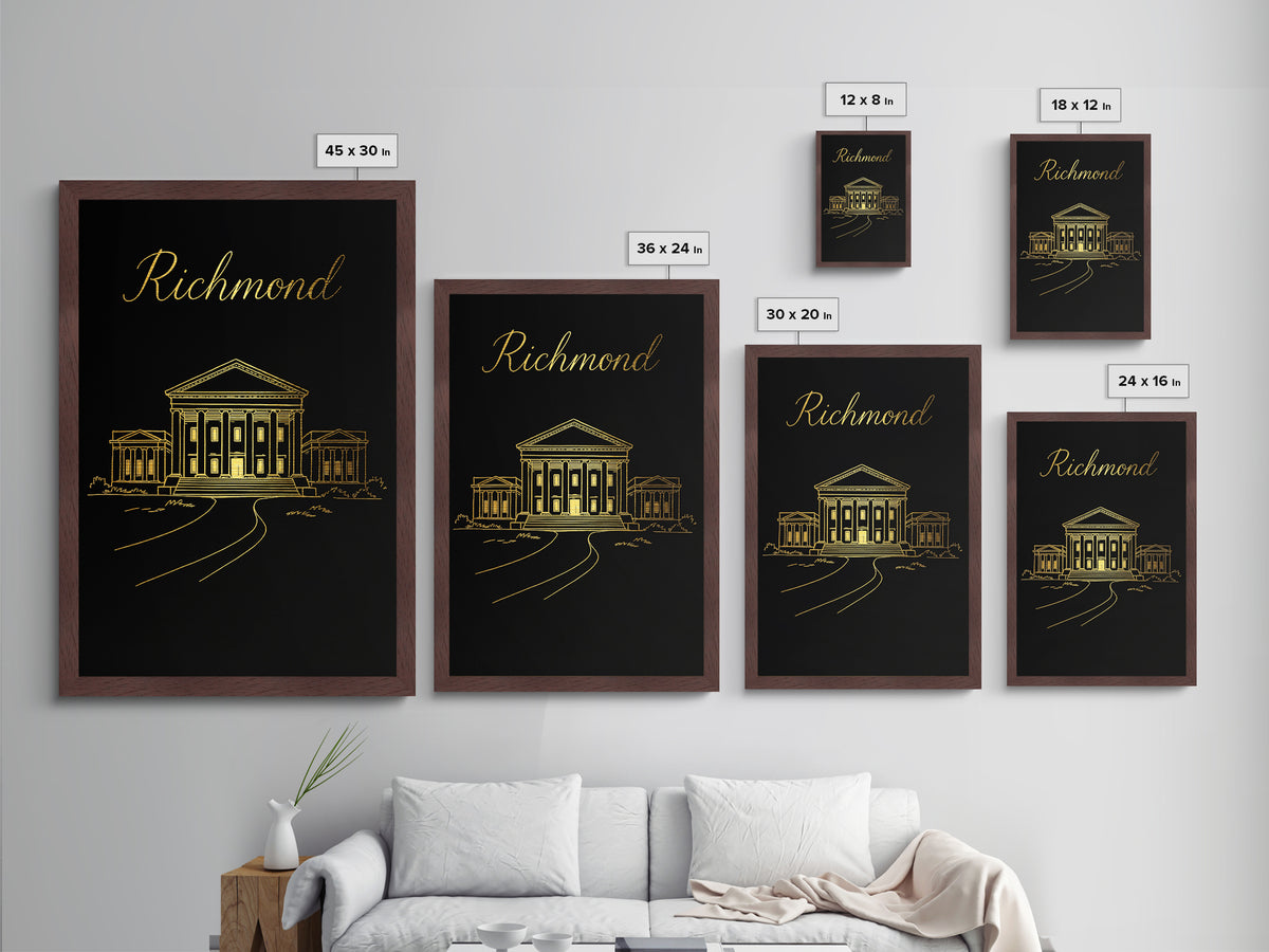 Richmond Virginia Art, Metallic Gold Art, Wood Framed Art, Metal Art, Minimalist Wall Art, Destination Gift, Bedroom Decor