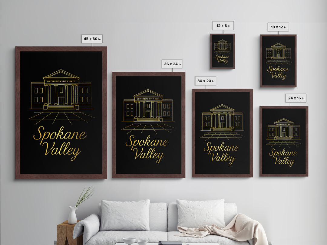 Spokane Valley Washington Travel, Metallic Gold Print, Wood Framed Art, Metal Art, Minimalist Wall Art, Birthday Travel Gift, Home Decor