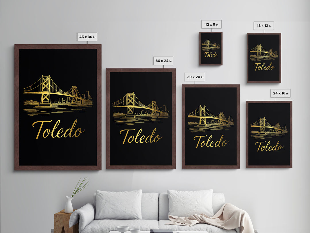 Toledo Ohio Art, Metallic Gold Art, Wood Framed Art, Metal Art, Minimalist Wall Art, Honeymoon Gift, Bedroom Decor