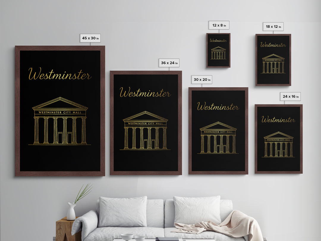Westminster California Travel, Metallic Gold Print, Wood Framed Art, Metal Art, Modern Wall Art, Graduation Travel Gift, Living Room Decor