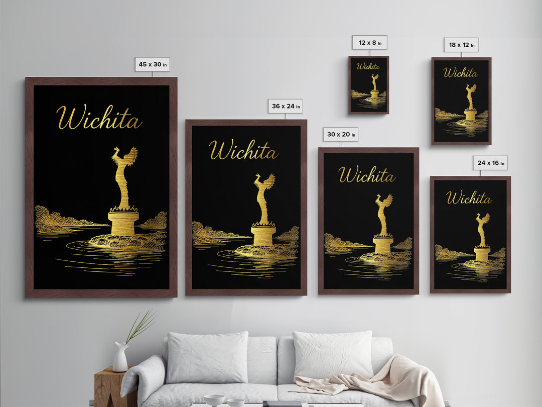 Wichita Kansas Travel, Metallic Gold Print, Wood Framed Art, Metal Art, Minimalist Wall Art, Destination Gift, Home Decor