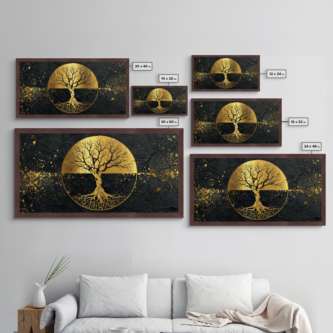 Mystical Roots Tree Metallic Gold Art, Sacred Nature Symbol Metal Print, Real Wood Frame Wall Décor, Spiritual Mythical Decorative Artwork