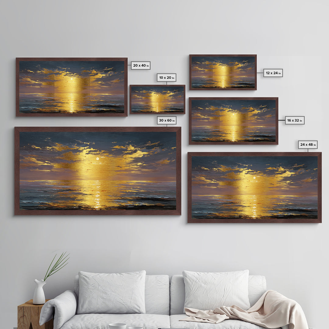 Ocean Sunset Metallic Gold Metal Print, Radiant Sunlight Over Waves Artwork, Real Wood Frame Wall Décor, Coastal Seascape Glow Art
