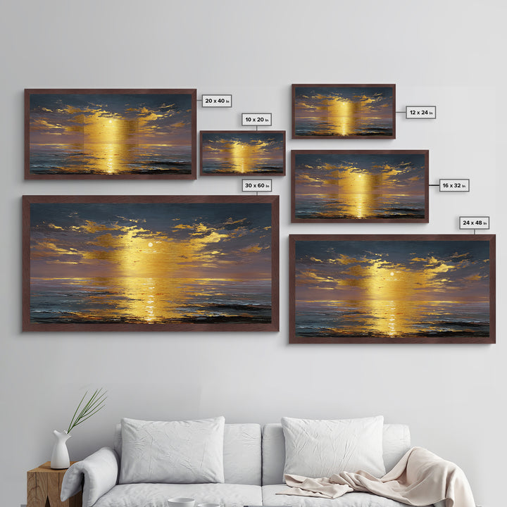 Ocean Sunset Metallic Gold Metal Print, Radiant Sunlight Over Waves Artwork, Real Wood Frame Wall Décor, Coastal Seascape Glow Art