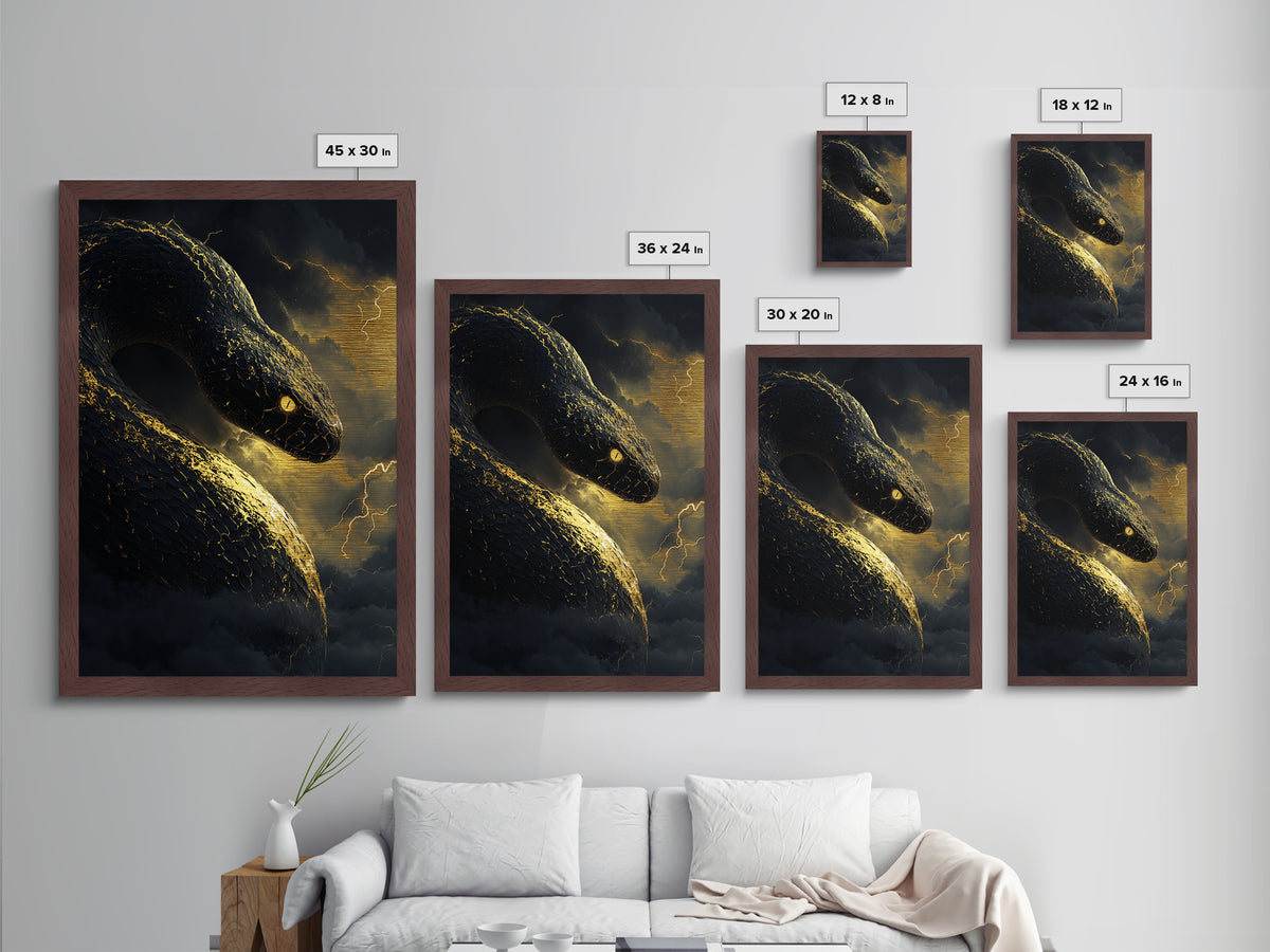 Mythical Serpent Metallic Gold Art, Norse Jormungandr Snake Metal Print, Real Wood Frame Wall Décor, Fantasy Mythology Creature Artwork