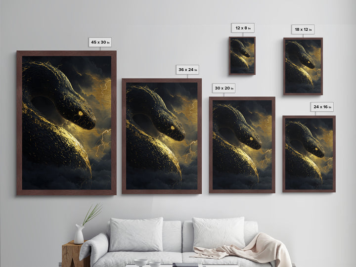 Mythical Serpent Metallic Gold Art, Norse Jormungandr Snake Metal Print, Real Wood Frame Wall Décor, Fantasy Mythology Creature Artwork