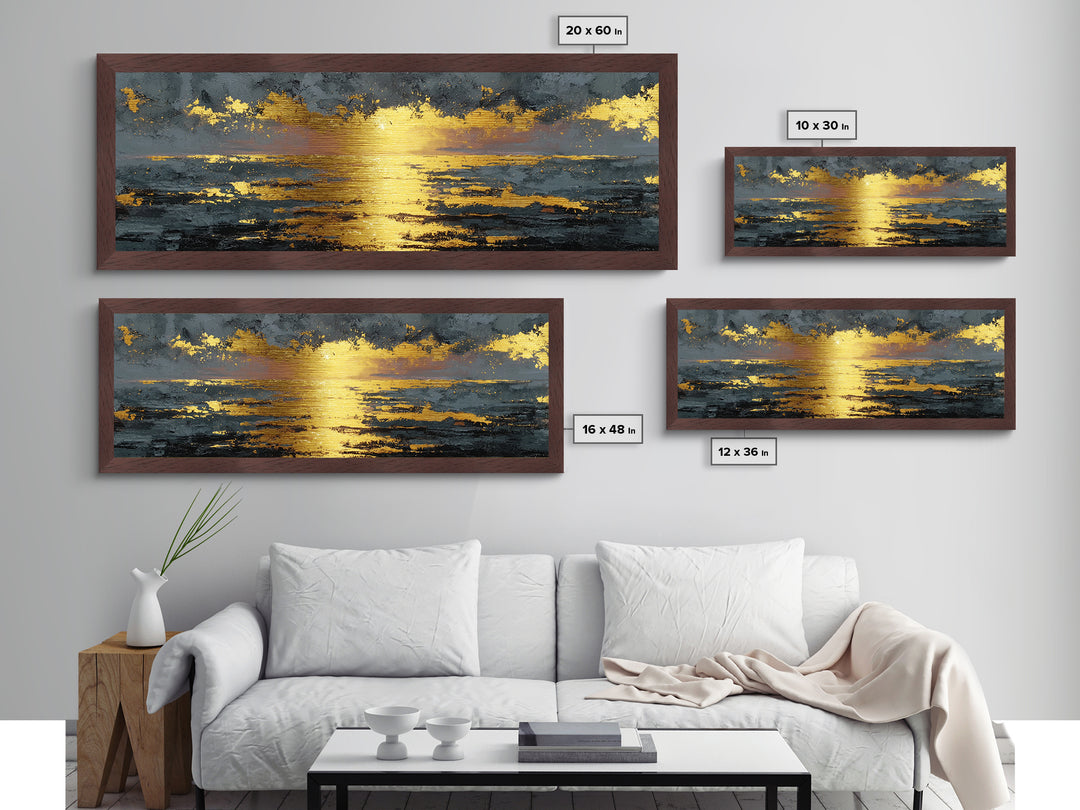 Ocean Sunset Metallic Gold Metal Print, Glowing Sun Over Waves Wall Art, Modern Coastal Seascape Artwork With Real Wood Frame