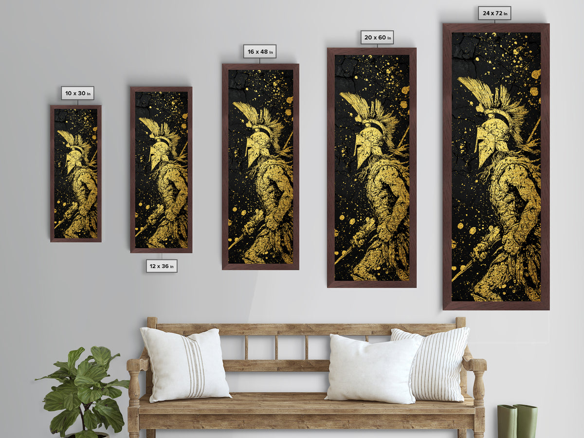 Spartan Warrior Helmet Illustration, Metallic Gold Metal Print, Ancient Greek Soldier Wall Art, Real Wood Frame Decor
