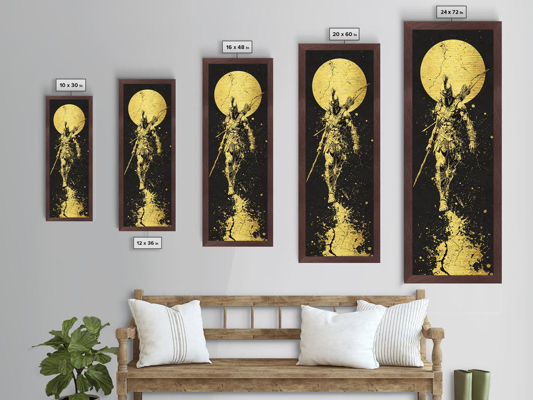 Spartan Warrior Under Full Moon, Metallic Gold Metal Print, Ancient Greek Soldier Wall Art, Real Wood Frame Decor