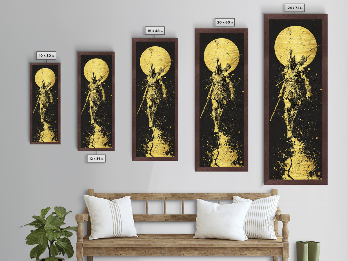 Spartan Warrior Under Full Moon, Metallic Gold Metal Print, Ancient Greek Soldier Wall Art, Real Wood Frame Decor